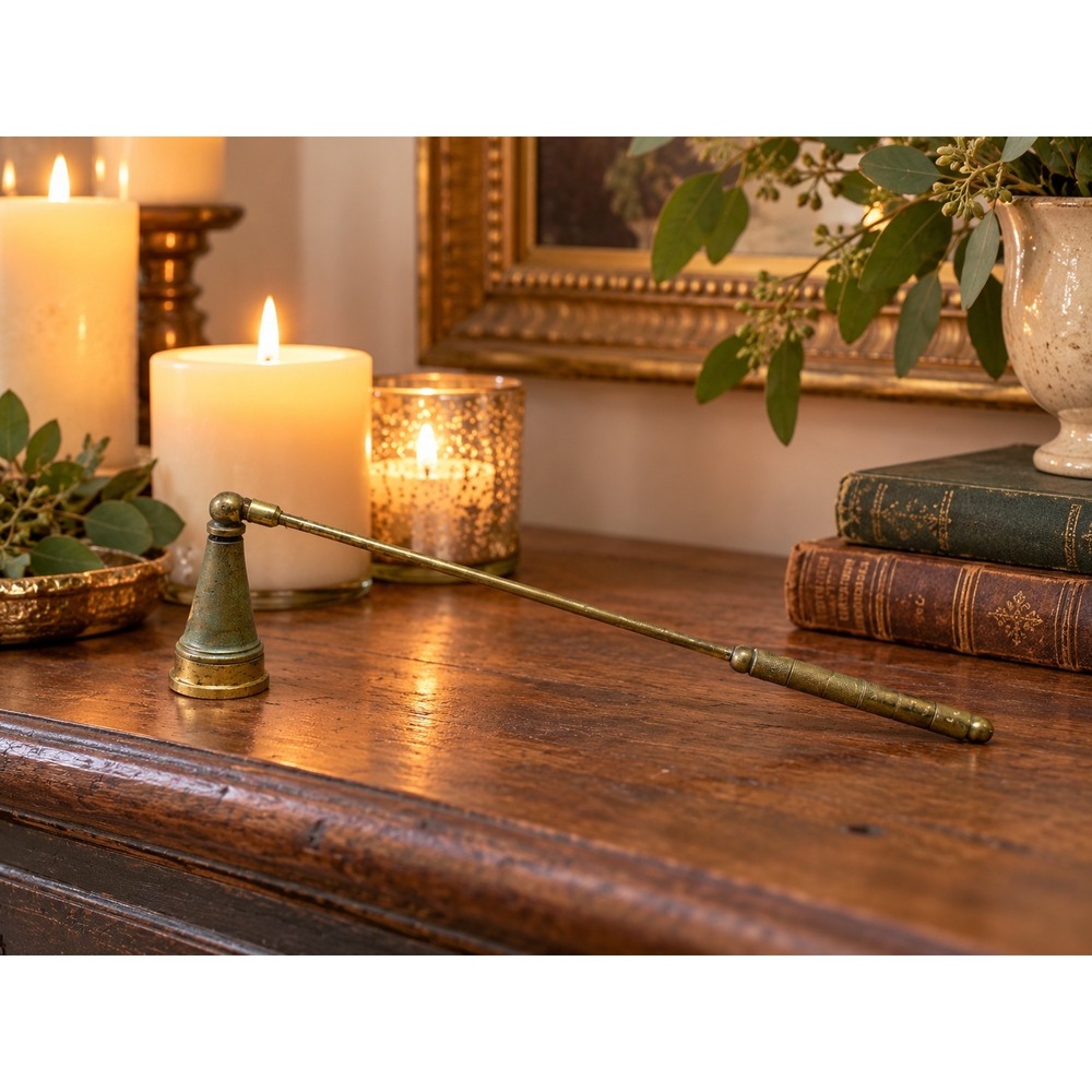 Vintage Solid Brass Candle Snuffer Long Handle Bell Cone Extinguisher Patina